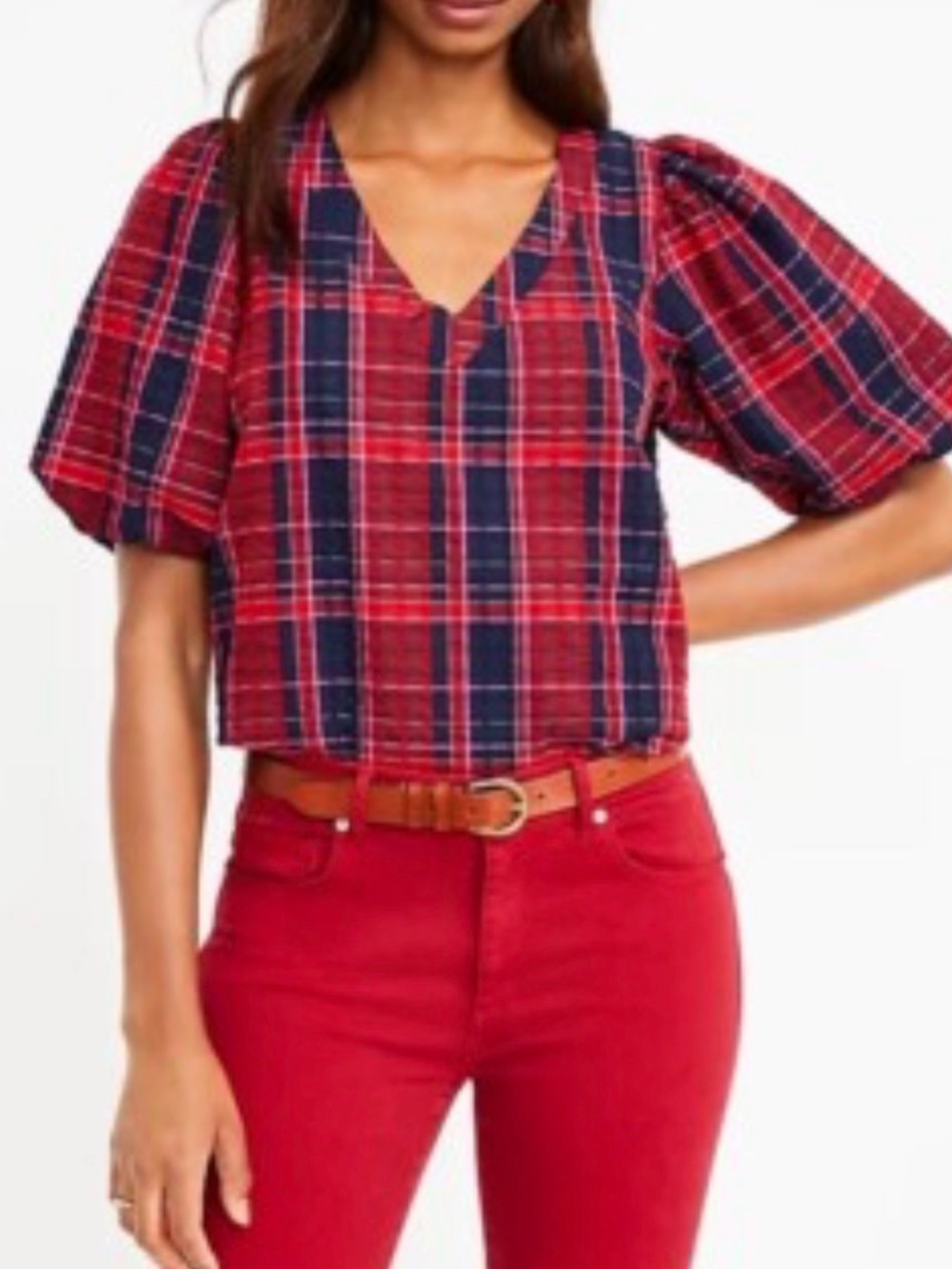Loft Plaid Balloon Sleeve Navy Red Top L